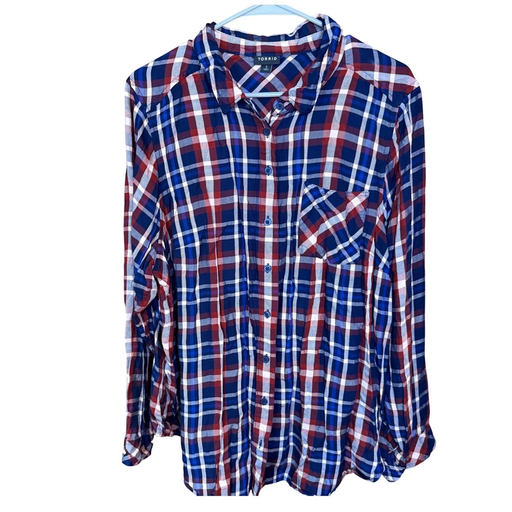 Torrid Women's Plaid Button Down Long Sleeve Shirt Red White Blue Size 2X